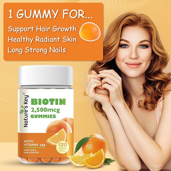 Nature's Key Biotin Gummies with Vitamin C and E, Support Hair Nails Growth & Beautiful Skin for Women Men and Kids, Vegan, Orange Flavors, 120 Count