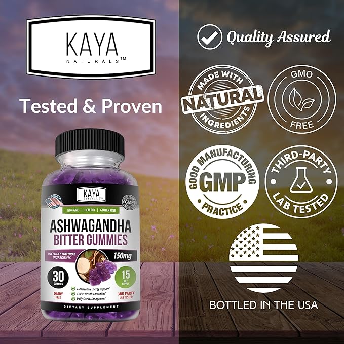Kaya Naturals Ashwagandha Bitter Gummies - Natural Stress Relief, Boost Energy & Mental Clarity, Non-GMO, Gluten-Free, Chewable Gummies - 30 Count