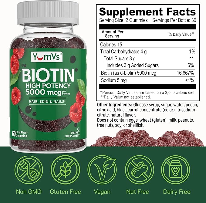 YumVs Biotin Gummies 5000mcg - Luscious Raspberry Flavor - Thicker Faster Hair Growth Gummies for Women or Men - Hair, Skin & Nails Vitamins - Hair Gummies - Vegetarian Biotin Supplement (60 Count)
