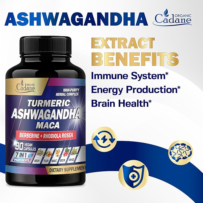 Organic Cadane Ashwagandha Supplements - Memory, Immune System & Strength Support - 7in1 Concentrated with Turmeric, Maca Root, Berberine & More - 90 Vegan Capsules for 3-Month Supply