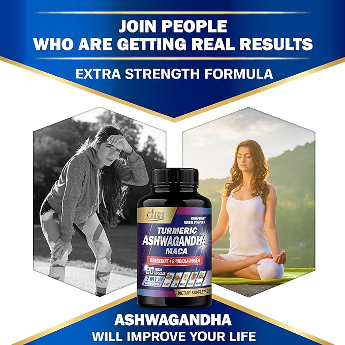 Organic Cadane Ashwagandha Supplements - Memory, Immune System & Strength Support - 7in1 Concentrated with Turmeric, Maca Root, Berberine & More - 90 Vegan Capsules for 3-Month Supply