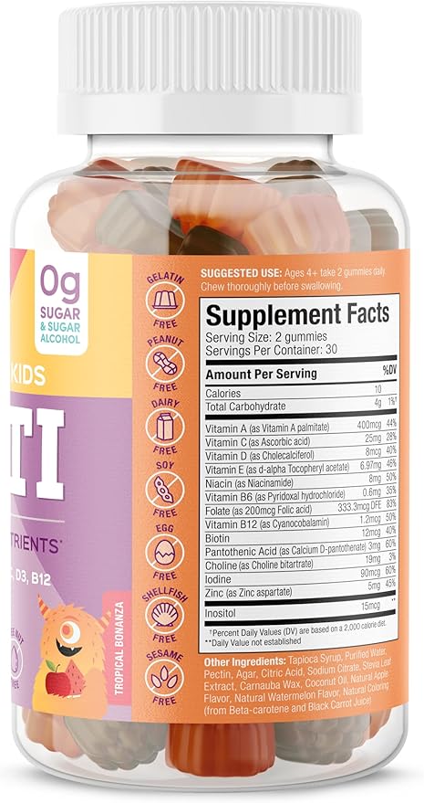 The Complete Kids Multi - Vitamin A, Folate, Zinc Gummies for Immunity Support -Easy to Chew- NonGMO, Allergen Gluten Sugar Free - Tropical Bonanza Flavored Gummy Vitamins - 60 Count