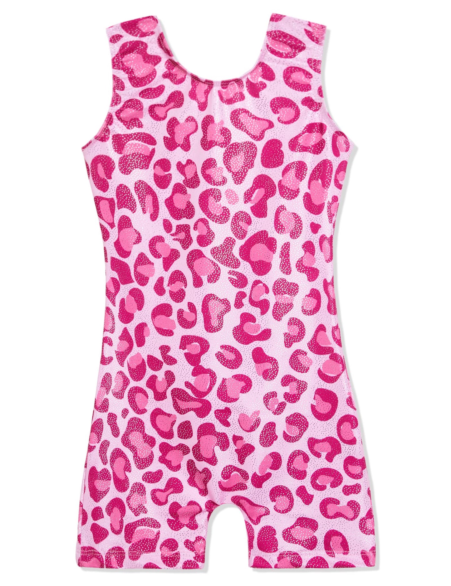 Domusgo Leotard for Girls Gymnastic Size 5-6 Years Old Shiny Sleeveless Leopard Pink Classical Biketard