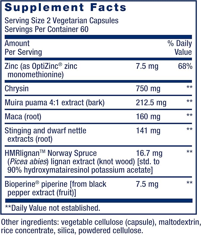 Life Extension Super Miraforte with Standardized Lignans, chrysin, Nettle Root, Muira puama, maca, zinc, Focused Formula for Testosterone Benefits, Vegetarian, Gluten-Free, Non-GMO, 120 Capsules