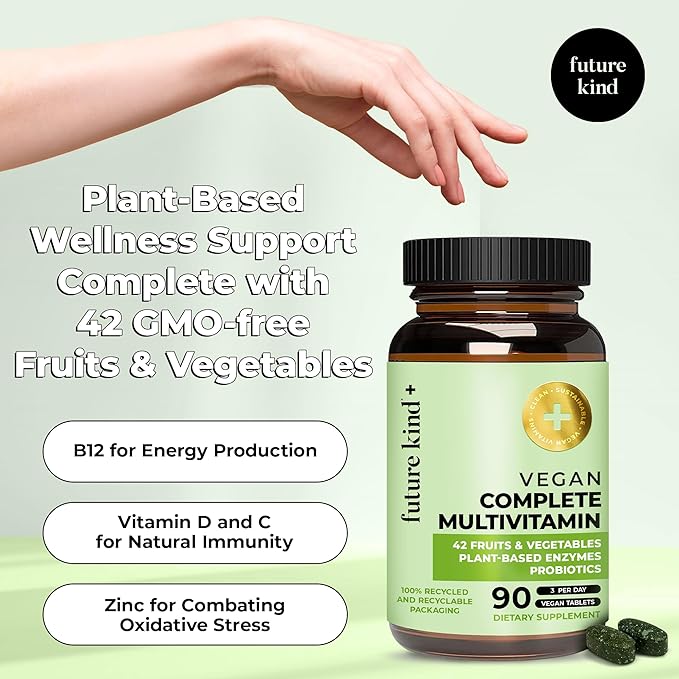 Future Kind Vegan Multivitamins Complete - 42-in-1 Vegan Multivitamins for Women & Men with Enzymes, B12, Zinc, & Probiotics for Digestion (90 tabs in Recycled Bottle)