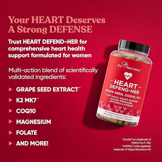 Heart Defend-Her Womens Heart Health Supplements – Advanced 3-in-1 Blend with Grape Seed Extract, Vitamin K2 MK-7, and CoQ10 – Support Blood Pressure, Artery and Bone Strength – 60 Vegetarian Capsules