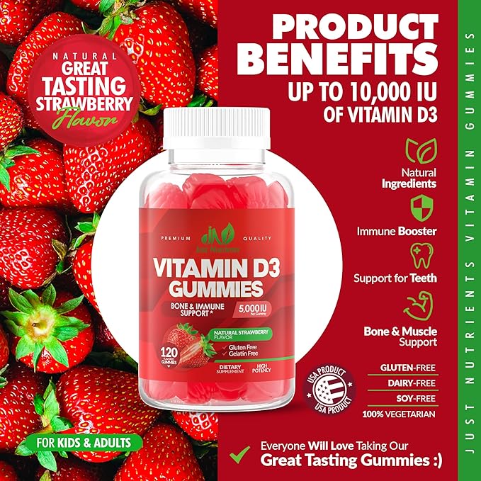 Vitamin D3 5000IU / 10,000IU Gummies for Adults & Kids (120 Count) - Maximum Strength Support for Immune System, Bones & Teeth - Gluten-Free, Non-GMO, Great Tasting Strawberry Flavor - 4 Month Supply