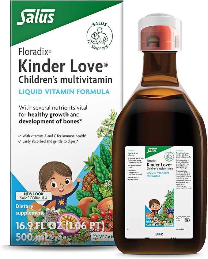 Floradix Kinder Love Children's Multivitamin - Liquid Multivitamin for Kids with Vitamins A, C, D & E, Calcium & More - Vegetarian, Non-GMO, Gluten-Free - 16.9 fl oz