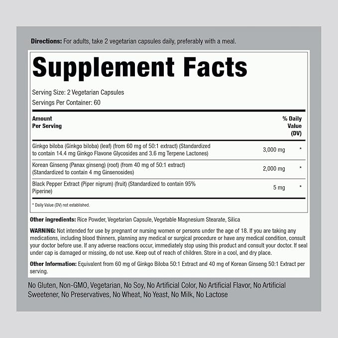 Piping Rock Panax Ginseng Capsules | 5000 mg | 120 Count | with Ginkgo Biloba | Vegetarian, Non-GMO, and Gluten Free Supplement