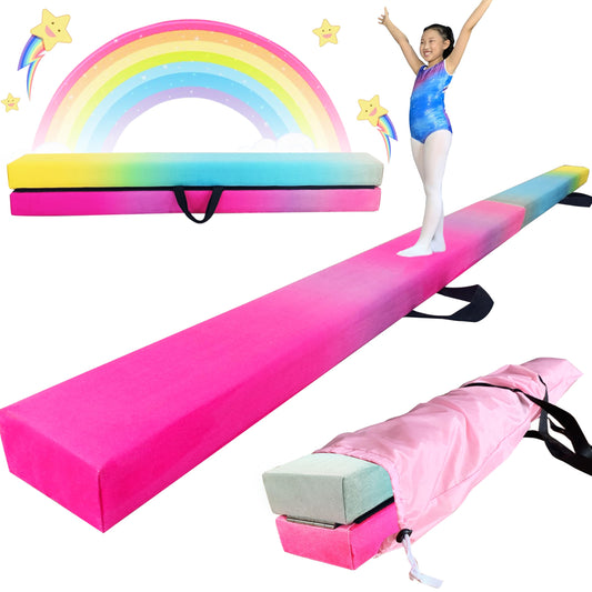 FC FUNCHEER 8FT Folding Balance Beam -Gymnastics Floor Beam -Gymnastics Equipment for Kids,Wood core- Anti-Slip Bottom and Carrying Bag for Home (Suede, Gradient Rainbow)
