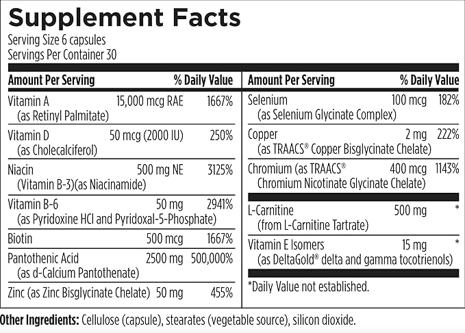 Designs for Health Acnutrol Clear Skin Support Pills - Pantothenic Acid + 50000 IU Vitamin A, Vitamins D + E, Carnitine + Minerals - Non-GMO + Soy Free Oral Supplement (180 Capsules)