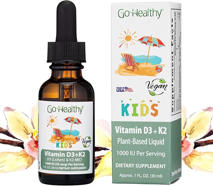 Go Healthy Vitamin D3 K2 (MK-7) All-Trans Drops for Kids - Easy-to-Absorb Vegan D Liquid, Children's Growth & Immune Support, Gluten Free, Delicious Vanilla Flavor - 30 Servings
