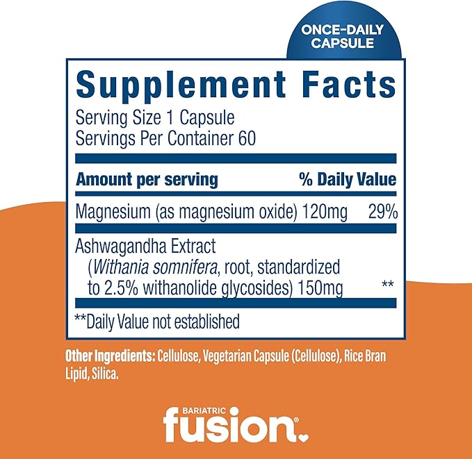 Bariatric Fusion Stress Support* | Vegan Supplement with Magnesium and Ashwagandha | Daily Vitamin for Women and Men | Gluten, Dairy and Soy Free | Non-GMO | 60 Capsules