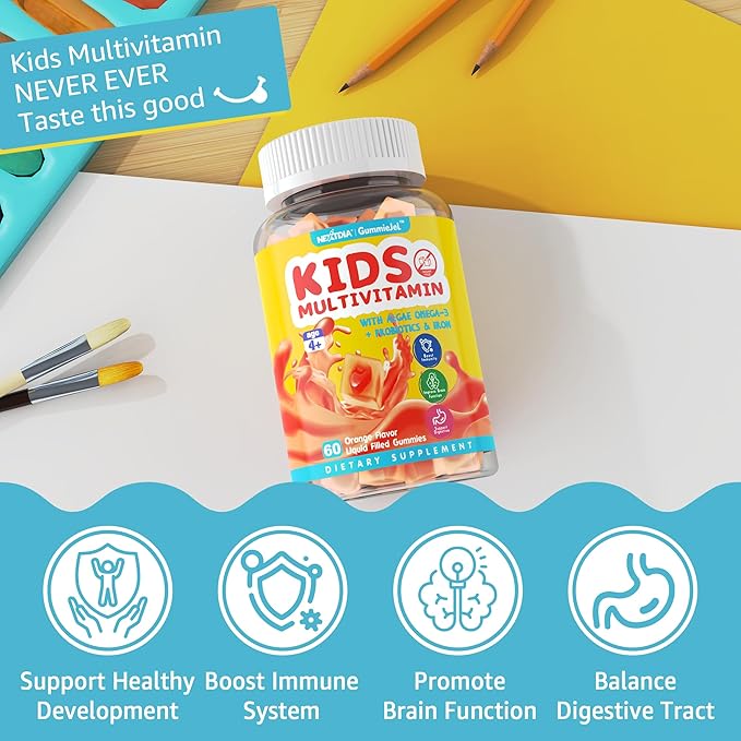 Sugar Free Kids Multivitamin Gummies with Iron, Probiotics, Vegan Omega 3 (EPA/DHA), Kids Daily Vitamins A, C, D, B Complex, Zinc for Healthy Growth, Immune, Brain, Bone, Orange Flavor, 60 Counts