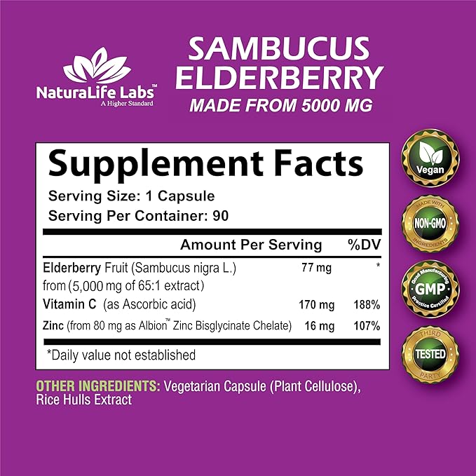 NaturaLife Labs Sambucus Elderberry 5,000 mg Super Concentrated 65:1 with Vitamin C & Zinc - 90 Day Supply - Sambucus Extract Immune Support, Immune Defense| Non-GMO | 90 Veggie Capsules