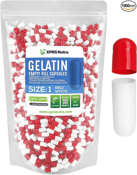 XPRS Nutra Size 1 Empty Capsules - 1000 Count Empty Gelatin Capsules - Empty Pill Capsules - DIY Capsule Filling - Pure Bovine Pill Capsules Empty Gel Caps (Red/White)