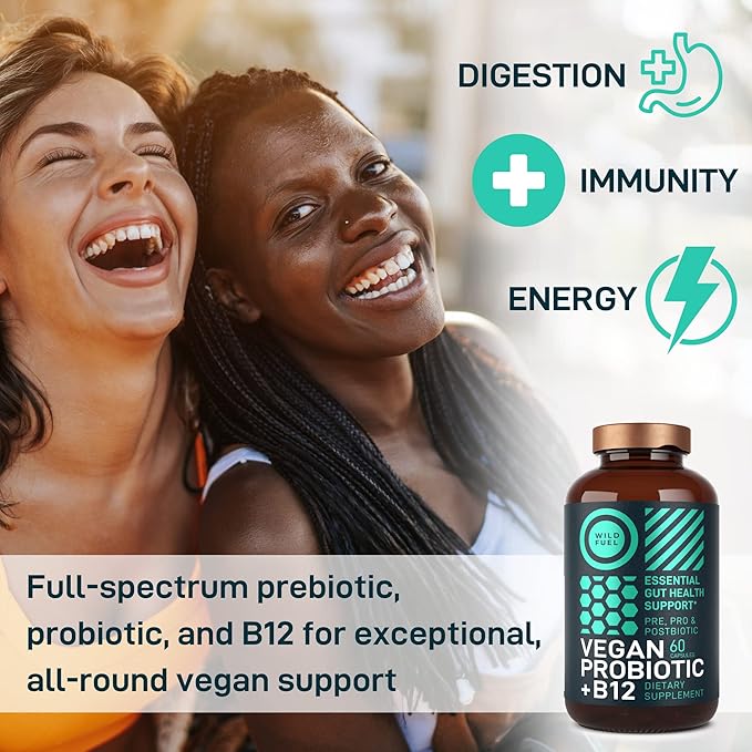 Vegan Probiotic Plus B12-22 Billion CFU Synbiotics Prebiotics and Probiotics for Digestive Health, IBS, Mood Support - B12 with FOS Pre Pro Post Biotics for Women & Men - 60 Gluten-Free Capsules