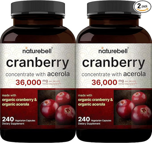 NatureBell 2 Pack Cranberry Pills 36,000mg with Acerola, 480 Total Veggie Capsules | 100:1 Fresh Cranberries Extract – Organic Ingredients – Supports Urinary Tract Health – Sugar Free