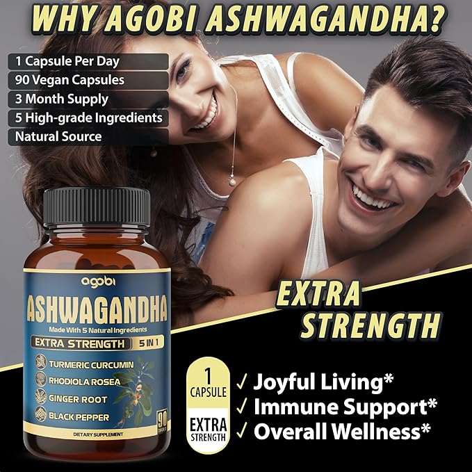 Ashwagandha Extract Capsule - Great Strength - 5in1 Blended Ginger, Turmeric, Rhodiola Rosea & Black Pepper - 90 Capsules for 3 Months - Strength, Spirit & Immune Support