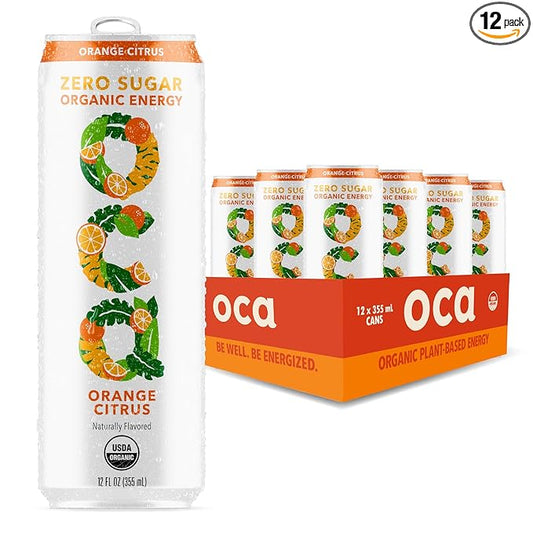 OCA ZERO Orange Citrus, Organic energy drink, zero sugar, gluten-free, vegan plant-based, 12 Fl Oz (12-pack)