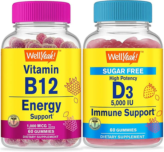 Vitamin B12 1000mcg + Vitamin D3 5,000 IU Sugar Free, Gummies Bundle - Great Tasting, Vitamin Supplement, Gluten Free, GMO Free, Chewable Gummy