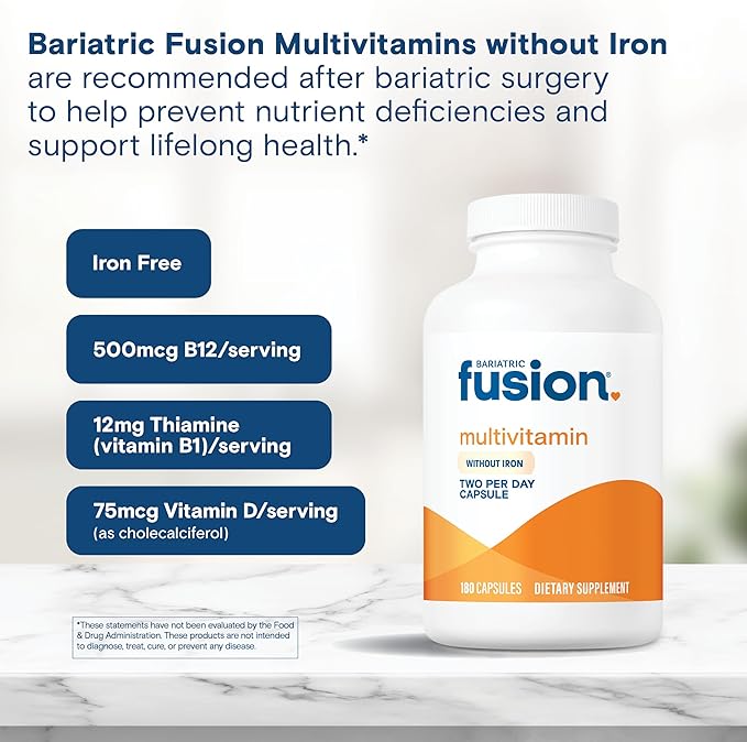 Bariatric Fusion Bariatric Multivitamin Without Iron | Post Bariatric Surgery Patients | Iron Free Bariatric Vitamin for Gastric Bypass and Sleeve Gastrectomy | Capsules | 1 Year Supply