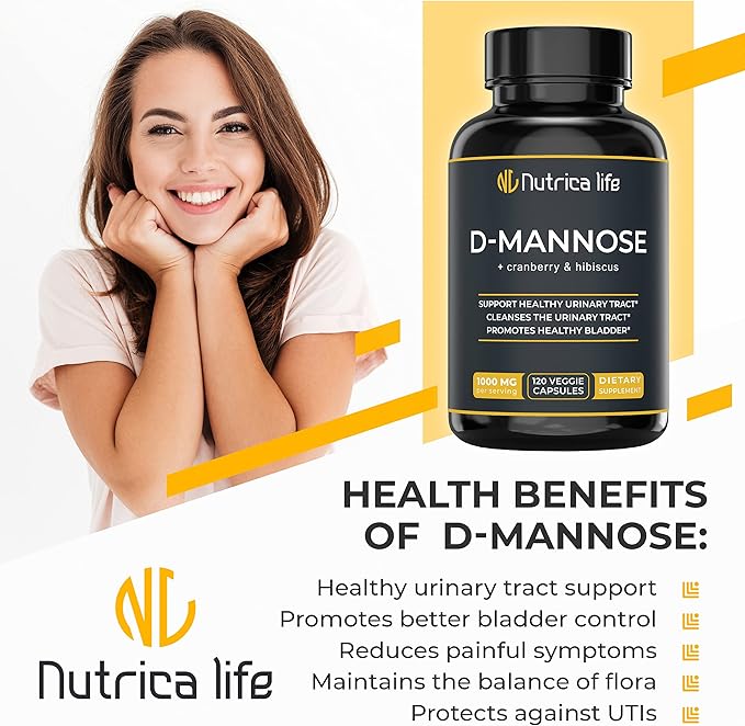 Urinary Tract Infection Treatments D Mannose 1000mg Capsules - Potent D-Mannose & Cranberry Pills with Hibiscus Extract - Strength Urinary Tract Support, Healthy Bladder Control (120 Capsules)