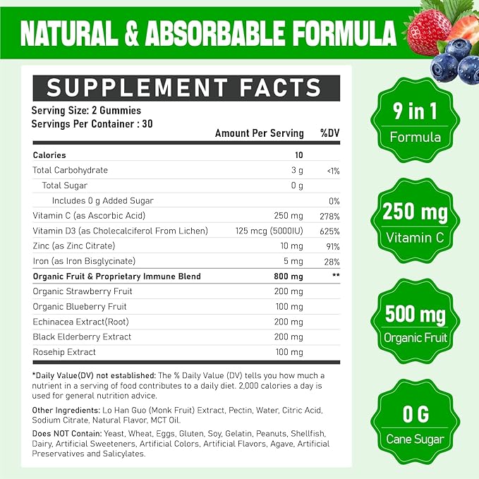 Organic Vitamin C Gummies for Adults - Chewable Vitamin C with Zinc & Iron and Vitamin D3 5000iu for Women Men - Immune Support Supplement Gummies