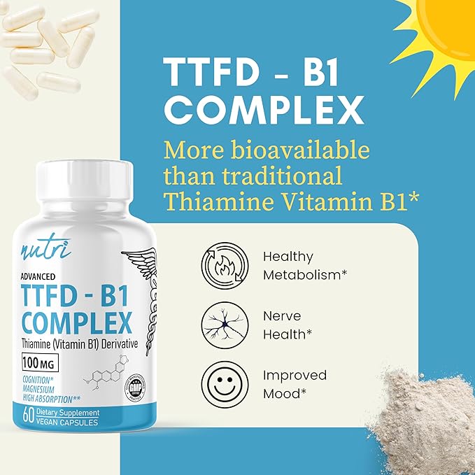 Nature's Fusions TTFD Thiamine B1 Supplement - 100mg 60 Servings - with 8mg Magnesium - No Toxic Fillers - TTFD Thiamine Tetrahydrofurfuryl Disulfide - Third Party Lab Tested - Nutri Supplements