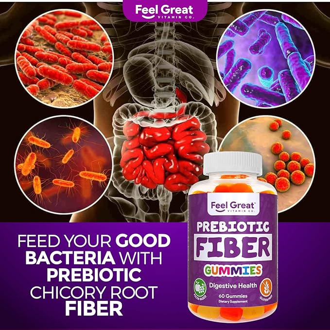 Prebiotic Fiber Gummies by Feel Great Vitamin Co (60 Gummies) | Helps Improve Digestive Health, Restore Natural Gut Flora, and Support Overall Health & Immunity* | Vegetarian & Vegan Friendly Chew