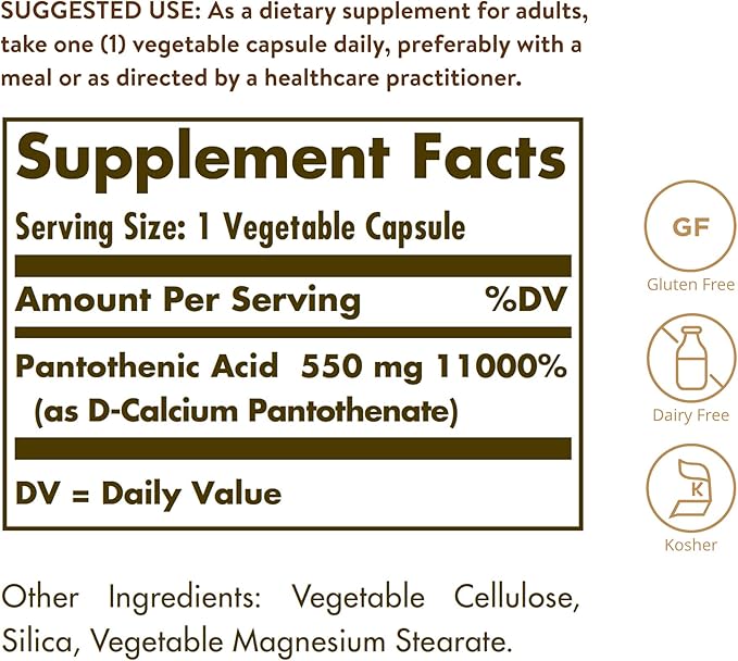 Solgar Pantothenic Acid 550 mg Vegetable Capsules Vitamin B5 Energy Metabolism Nervous System Support Gluten Free Dairy Free Kosher Servings, Standard Packaging, 100 Count