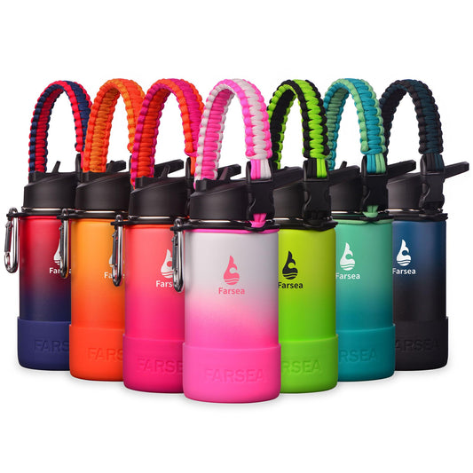 Farsea Insulated Water Bottle With Paracord Handle, Protective Silicone Boot and 2 Lids (Straw Lid & Spout Lid), Stainless Steel Water Bottle Wide Mouth, Double Wall Sweat-Proof BPA-Free,12 oz