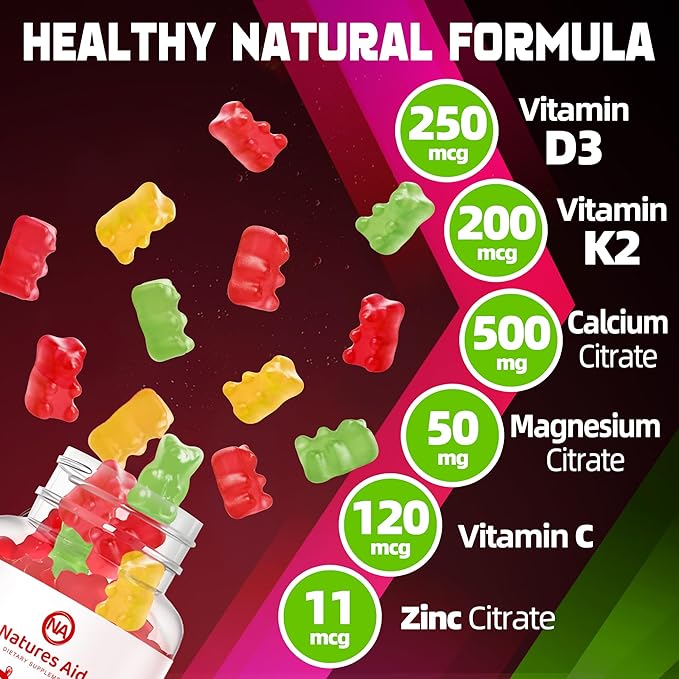 Sugar-Free Vitamin D3 K2 Gummies with Calcium + K2 (MK-7), Magnesium Citrate, Vitamin C, Extra Strength - Ultimate Absorption for Bone Muscle Teeth Immune, Vegan - 120 Gummies