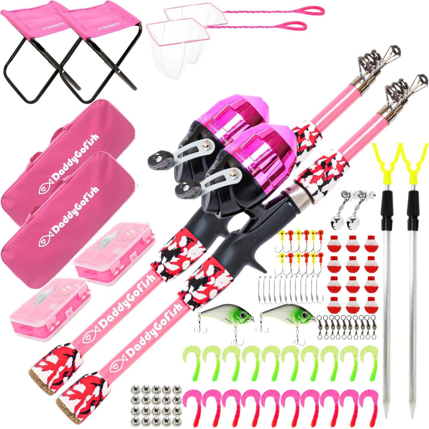 DaddyGoFish Kids Fishing Pole - Rod Reel Combo Tackle Box Starter Set - First Year Small Dock Gear Kit for Boys Girls Toddler Youth Age Beginner Little Children Junior Anglers (2 Pack Pink + Pink 4ft)