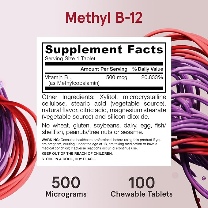 Jarrow Formulas Regular Strength Methyl B-12 500mcg, Dietary Supplement for Cellular Energy Production and Brain Health Support, 100 Cherry-Flavored Chewable Tablets, 100 Day Supply, Pack of 12