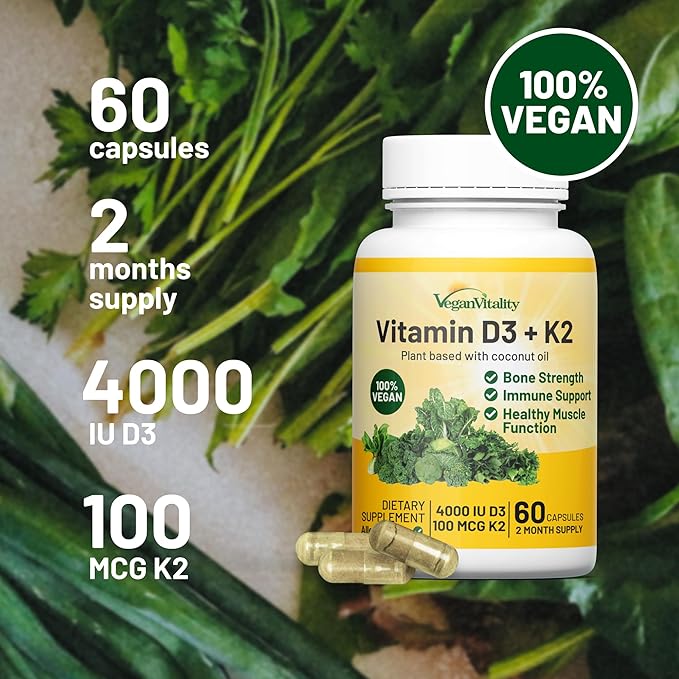 Vegan Vitality Brain & Body Balance Bundle: 120 Lions Mane Mushroom Nootropic Brain Support Supplement and 60 Vegan Vitamin D3 + K2 4000IU (100mcg)