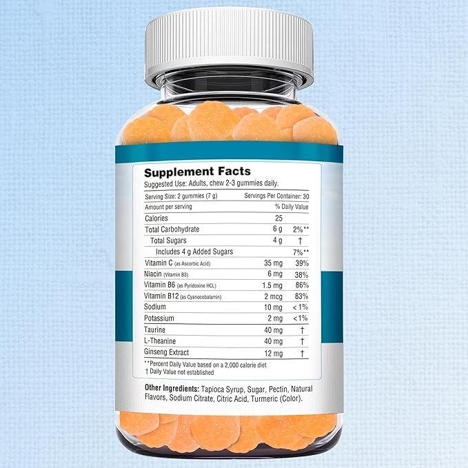 HERBION Naturals Taurine Gummies with Ginseng, L-Theanine, Vitamin C, B3, B6, & B12, Helps Support Mental Clarity & Concentration*, Natural Peach Flavor, Gluten-Free, 60 Pectin Gummies, Made in USA