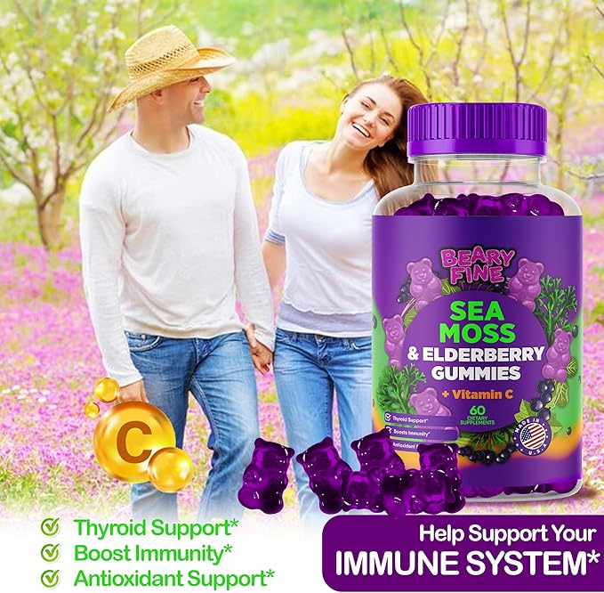 Sea Moss Gummies & Elderberry - Vitamin C + Zinc – Extra Strength Immune & Thyroid Support Booster Gummy Bears for Kids & Adults - 60 Seamoss Gummies - Made in The USA