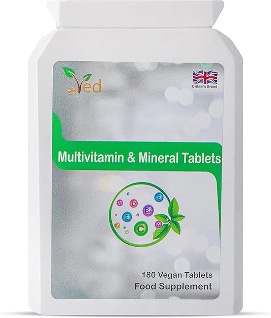 VED Multivitamins Supplement with Vitamin A, Vitamin C, Vitamin D, Vitamins E & B6 & More| Lactose & Gluten Free Food Supplement for Energy & Health Support| 180 Vegan Tablets|6 Month Supply.
