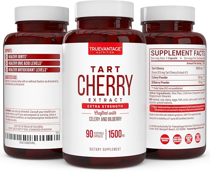 Tart Cherry Extract Capsules with Celery Seed Extract and Bilberry for Joint Support, Muscle Recovery, and Uric Acid Flush Support, Made in The USA - 90 Tart Cherry Capsules