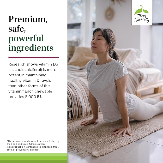 Terry Naturally Vitamin D3 - Bone Health & Bone Strength Support Supplement - Immune System & Brain Support - 5,000 IU Vitamin D Tablets with Mixed Berry Flavor - 90 Chewable Tablets (Pack of 2)