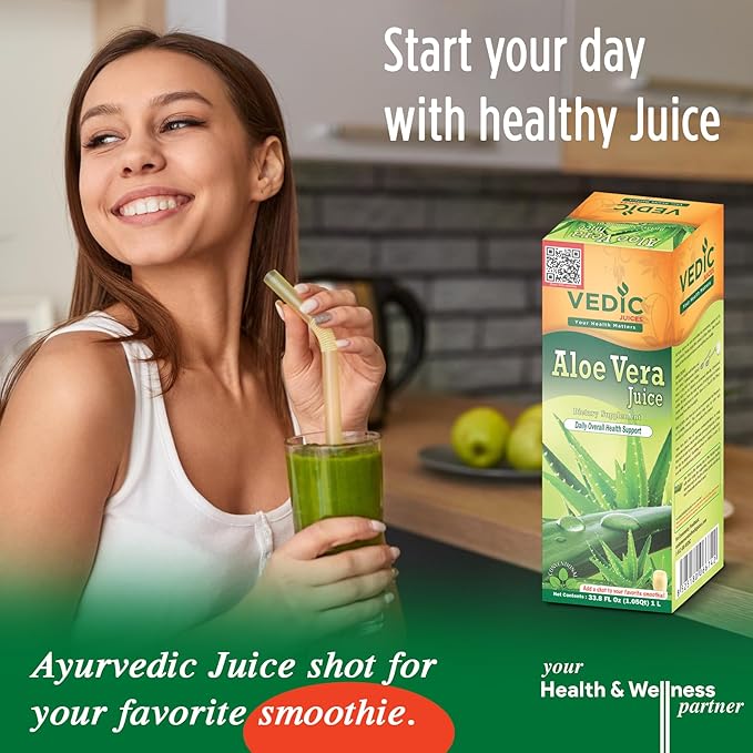 Vedic Juices Aloe Vera Juice, Aloe Supplement for Skin Nourishment, Aloe Pulp, Aloe Fiber, Gut Health and Immune Support, Aloe Juice with No Added Sugar, Parabens, or Artificial Colors, 1 Liter…