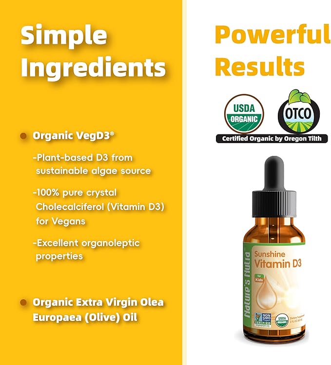 Nature's Nutra Sunshine Vitamin D3 400IU, 2 Fl. Oz (60ml), Premium Baby and Infant Liquid Drops, Toddlers Kids Children Multivitamin Supplement, Non-GMO, Plant Extract