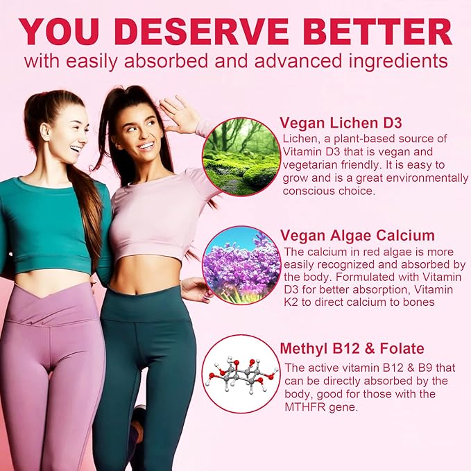 Sugar Free Methylated Multivitamin for Women Gummies, Calcium, D3 K2, Inositol, Folate, Vitamin A, C, E, B Complex, Biotin, Iron - Vitamins & Minerals - Energy, Immune, Bone, Skin, Hair, Vegan, 60 Cts