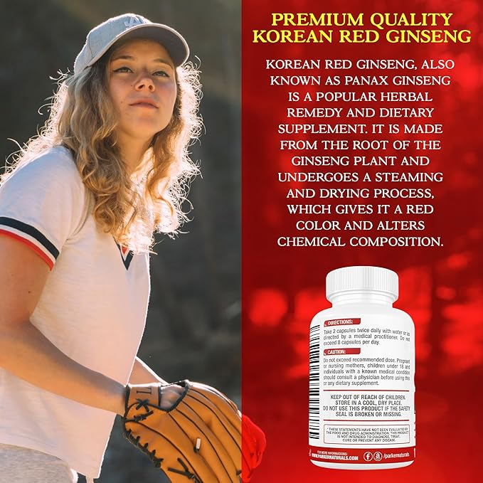 Korean Red Ginseng Extract, 1300mg Extract with Ginger Root and Black Pepper, 20% Ginsenosides Red Panax Ginseng Supplement, 120 Caps