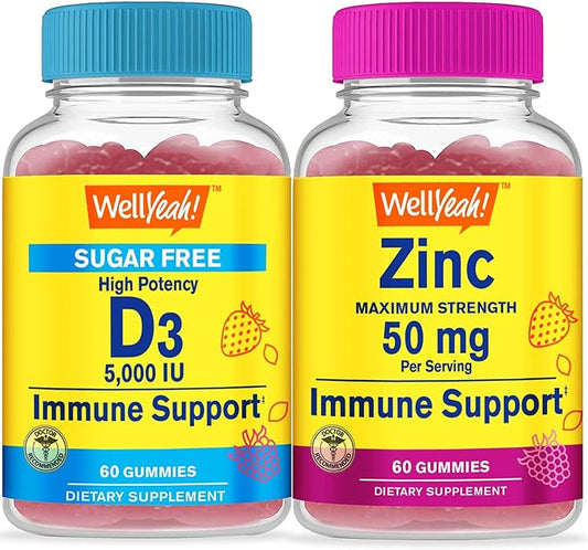 Vitamin D3 5,000 IU Sugar Free + Zinc, Gummies Bundle - Great Tasting, Vitamin Supplement, Gluten Free, GMO Free, Chewable Gummy