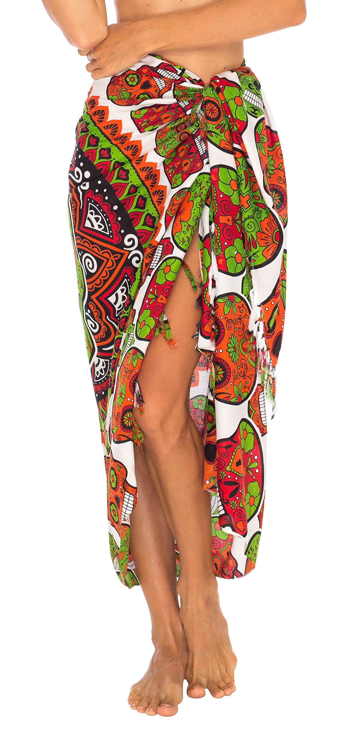 SHU-SHI Womens Beach Cover Up Sarong Swimsuit Cover Ups Sugar Skull Design Green/Orange