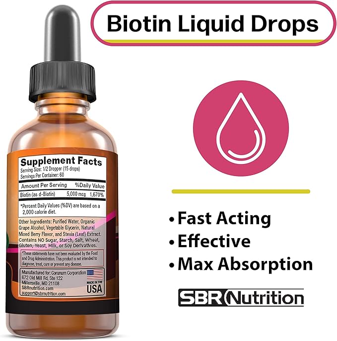 Biotin Liquid Drops (Mixed Berry) Max Absorption Biotin Liquid Drops, 5000mcg of Biotin Per Serving, 60 Serving, No Artificial Preservatives, Vegan Friendly, Supports Healthy Hair Growth, Strong Nail
