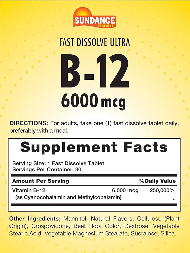 Sundance Fast Dissolve Vitamin B-12 | 6000mcg | 30 Tablets | Natural Berry Flavor | Vegetarian, Non-GMO, and Gluten Free Supplement