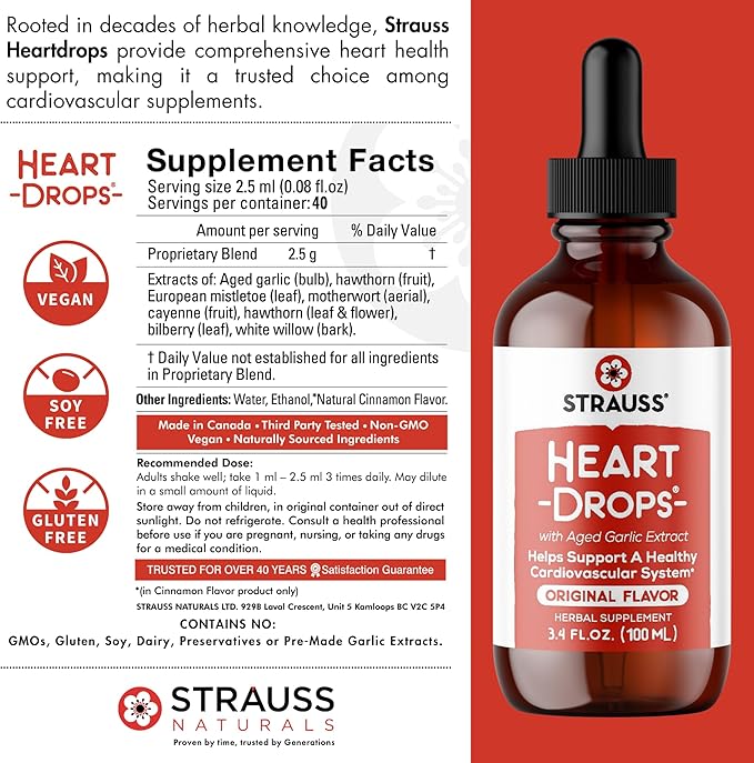 Strauss Naturals Heart Drops – Natural Mistletoe & Aged Garlic Extract Heart Health Supplement – Helps Maintain Healthy Cardiovascular System – Vegan & Non-GMO – 100 ml Bottle
